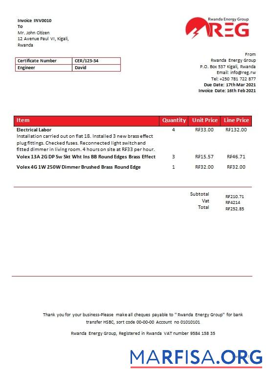 Realistic Rwanda Energy Group electricity utility bill template in Word and PDF format